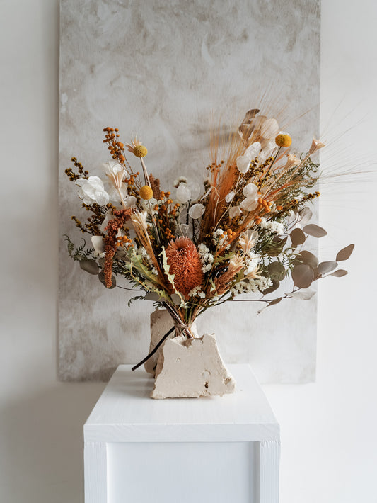 Dried flower bouquet warm sunshine tones in a rustic boho style – Luxe Size Distant View.
