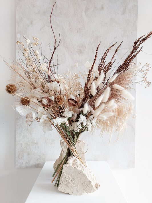 Dried flower bouquet in classic neutral white tones with boho styling – Luxe Size Close View.