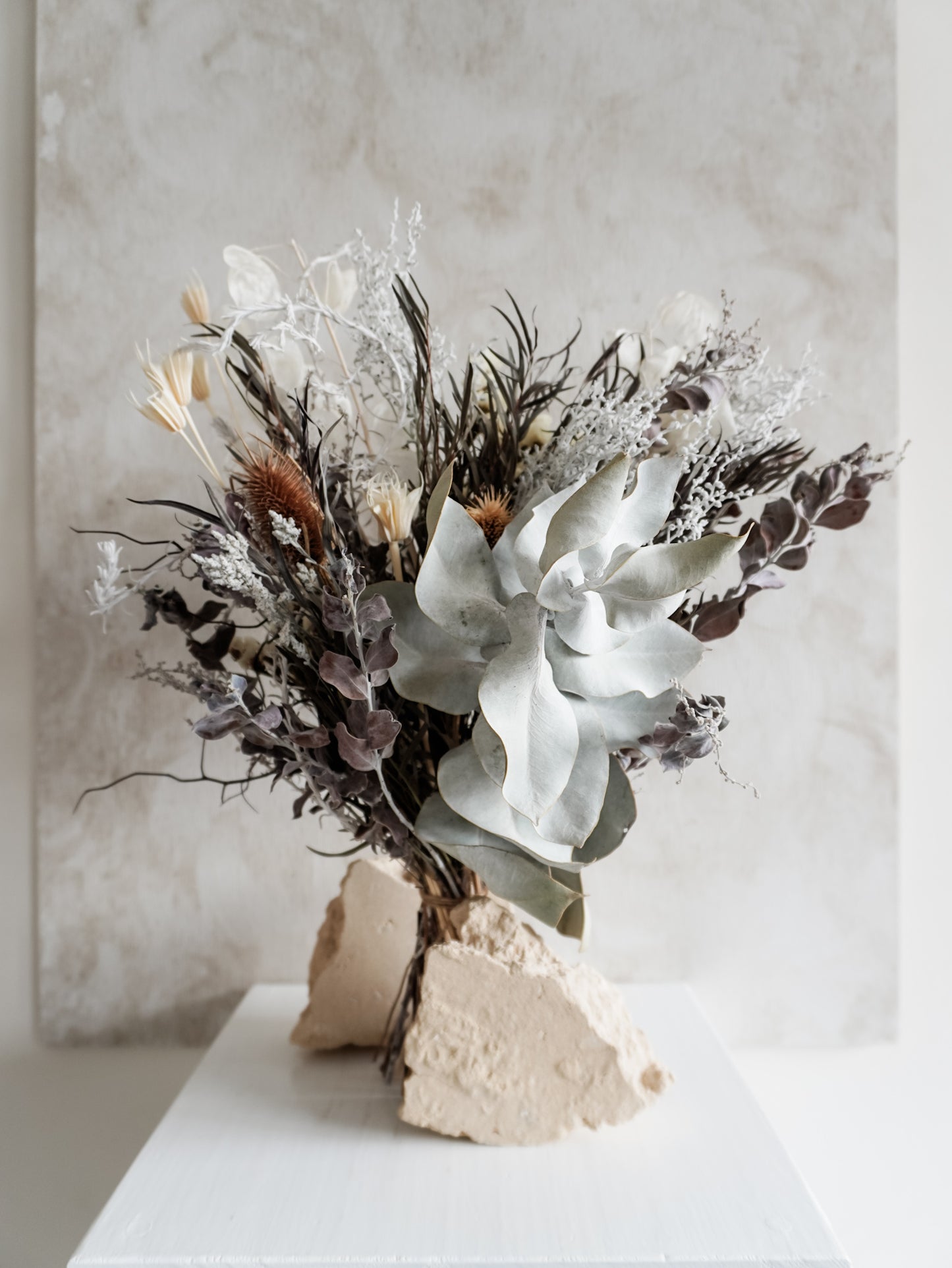 Dried flower bouquet in classic silver tones with statement foliage – Classic Size Close View.