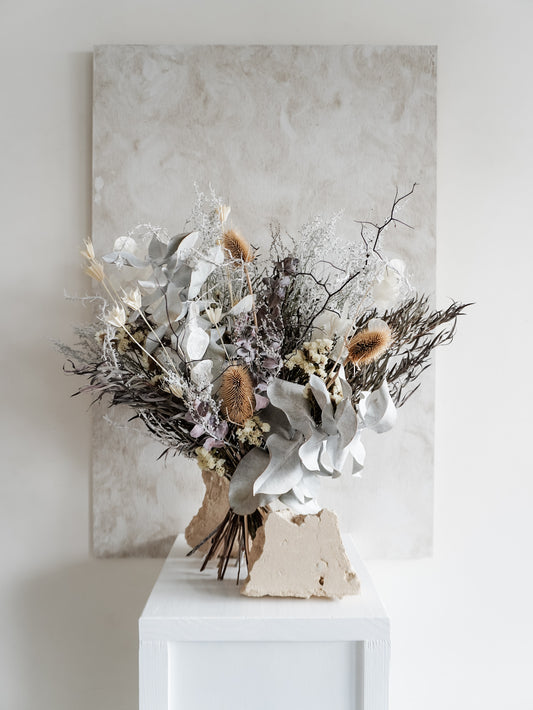 Dried flower bouquet in classic silver tones with statement foliage – Luxe Size Distant View.