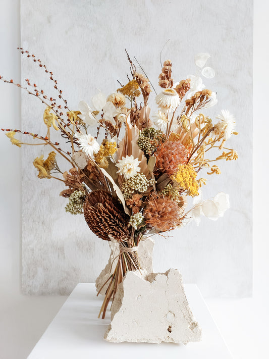 Dried flower bouquet warm sunset tones in a rustic boho style – Luxe Size Close View.