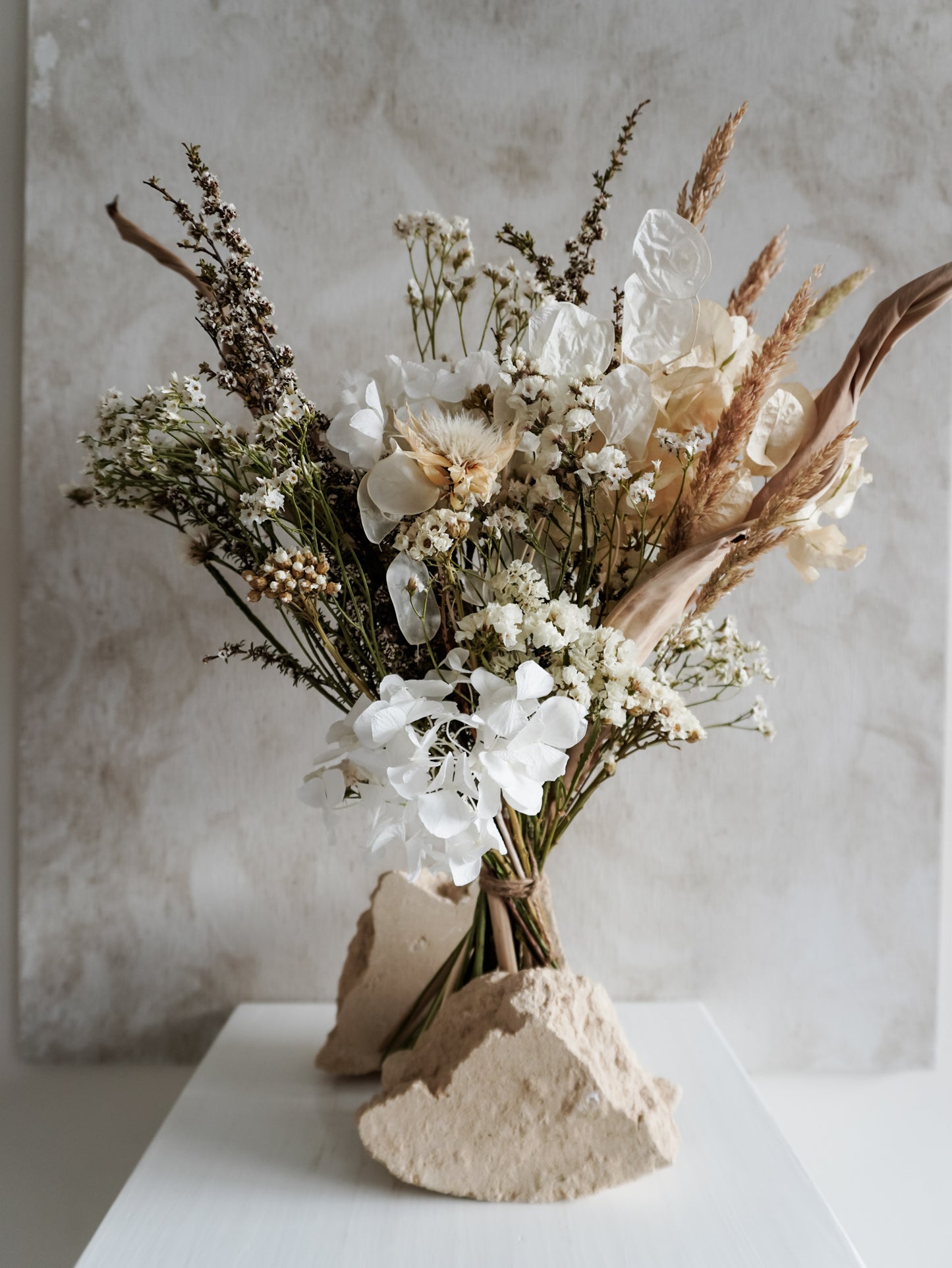 Dried flower bouquet in classic neutral white tones with boho styling – Classic Size Close View.