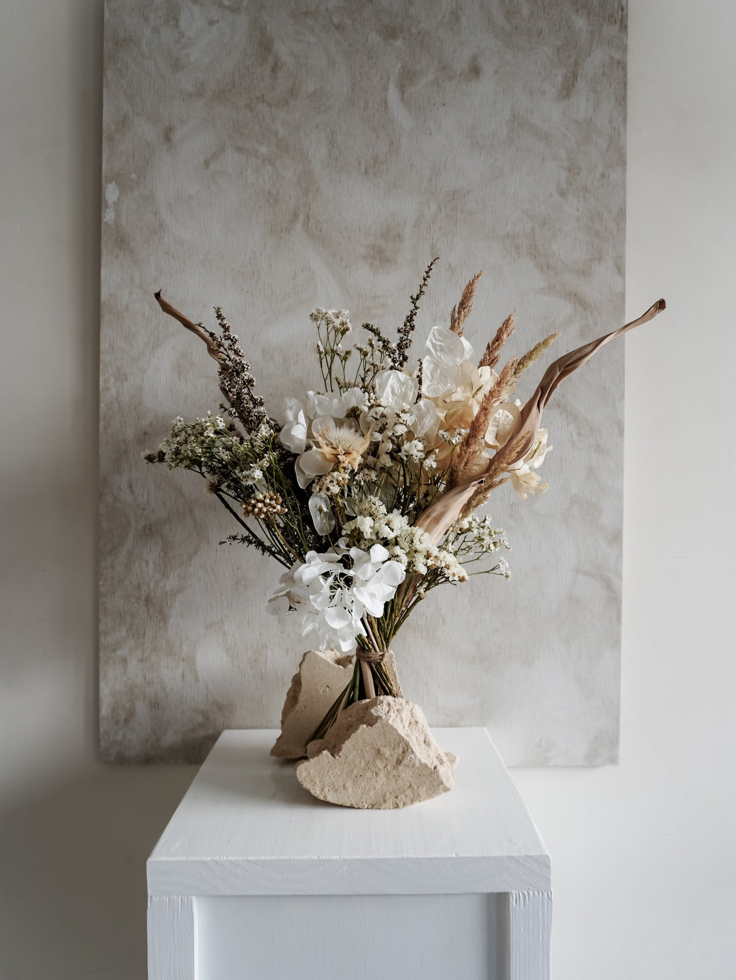 Dried flower bouquet in classic neutral white tones with boho styling – Classic Size Distant View.
