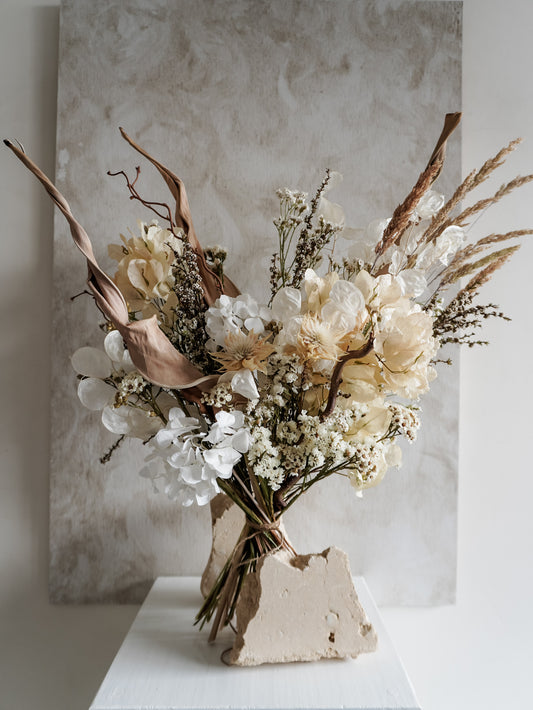 Dried flower bouquet in classic neutral white tones with boho styling – Luxe Size Close View.