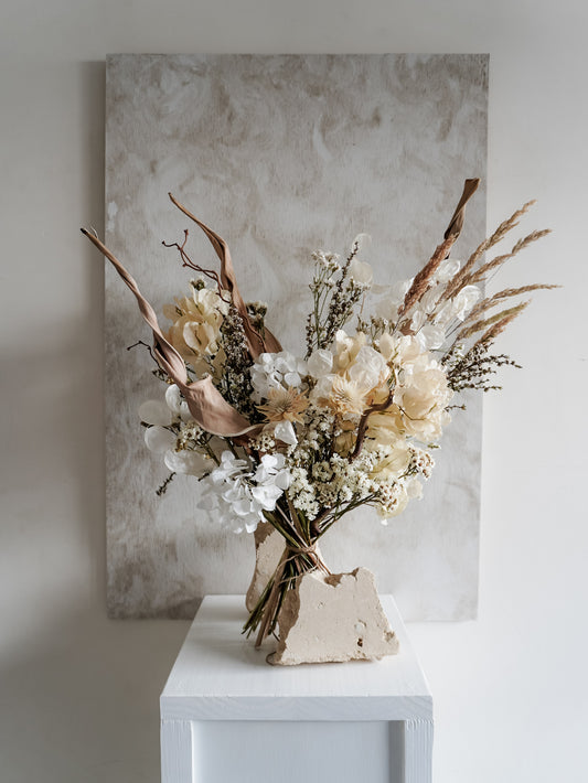Dried flower bouquet in classic neutral white tones with boho styling – Luxe Size Distant View.