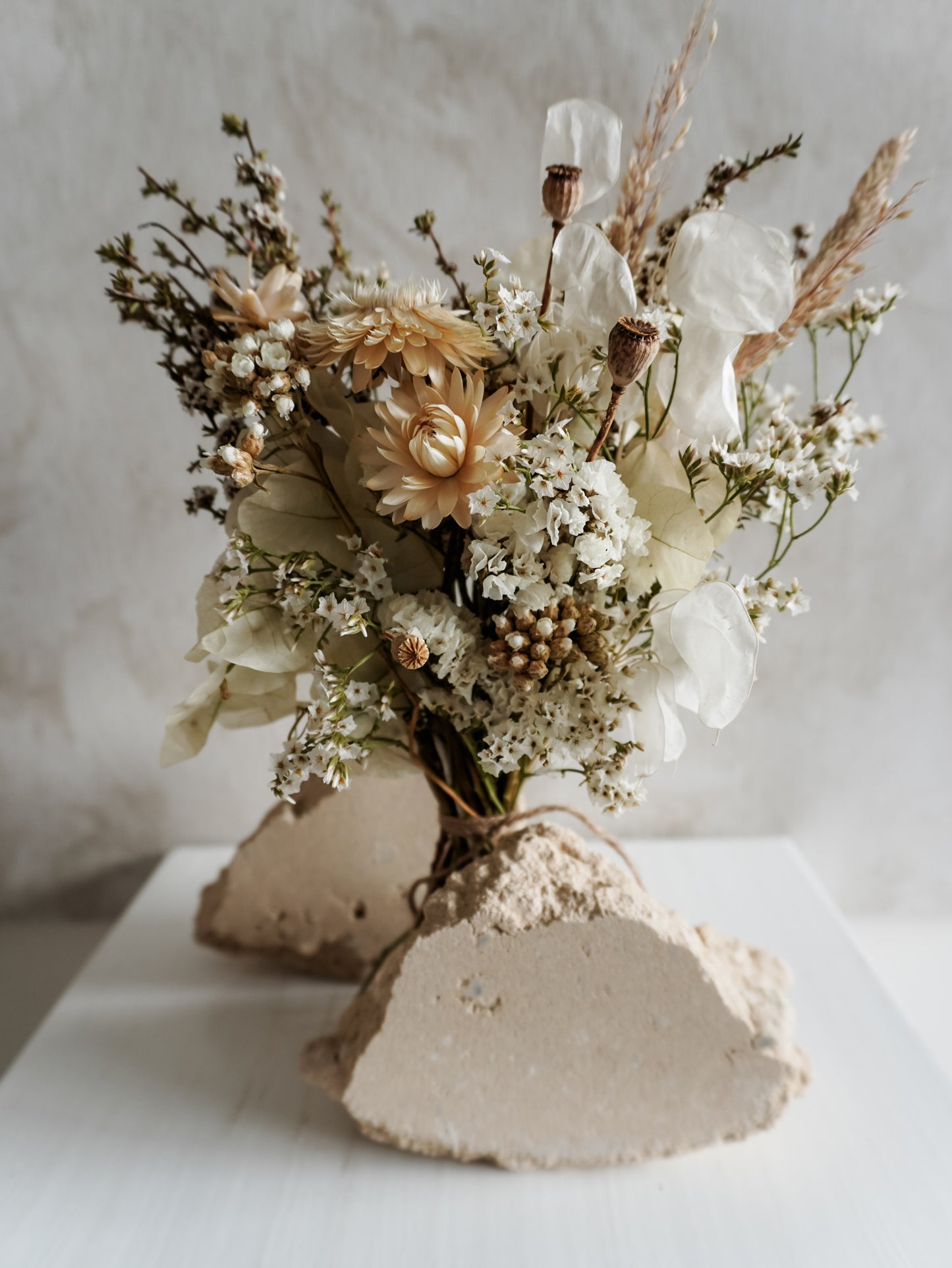 Dried flower bouquet in classic neutral white tones with boho styling – Posy Size Close View.