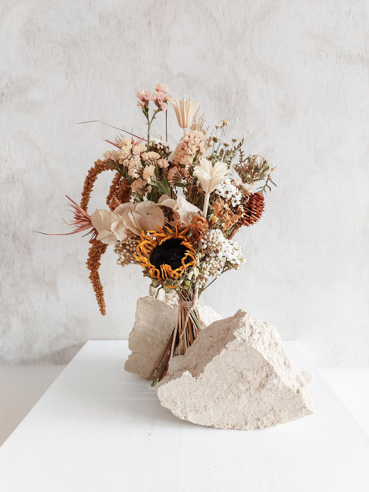 Dried flower posy in bright golden tones – Posy Size Distant View.