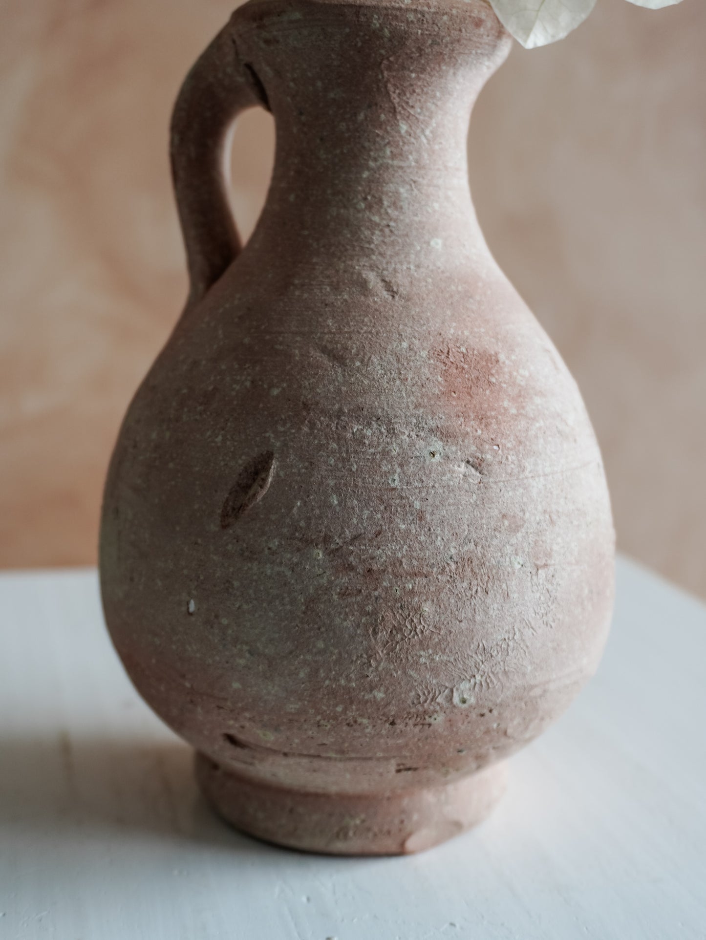 Terracotta vase against a soft pink background.
