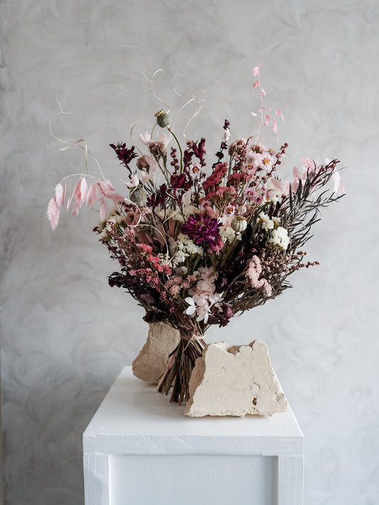 Dried flower bouquet in pink and burgundy tones in a naturally gathered style – Luxe Size Distant View.