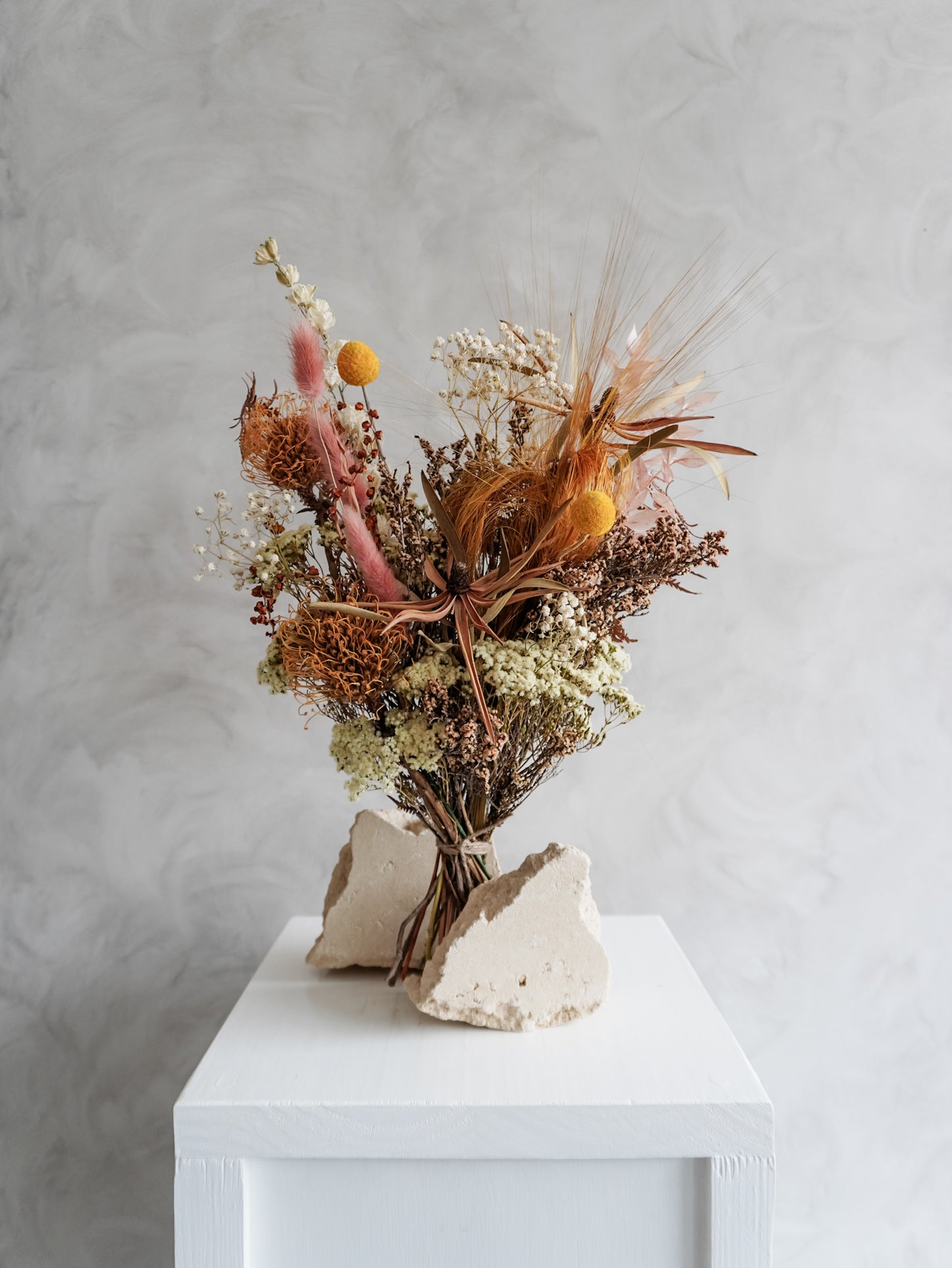 Dried flower bouquet warm sunshine tones in a rustic boho style – Classic Size Distant View.