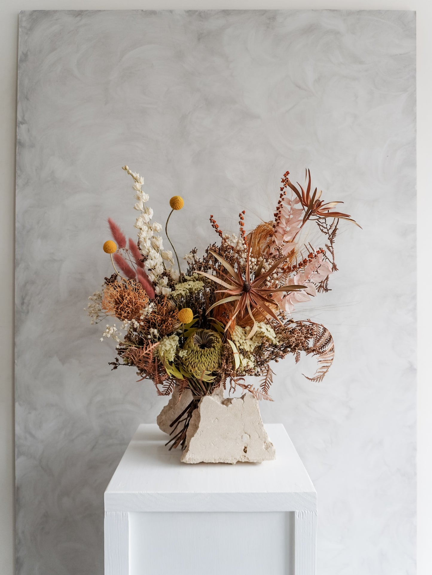 Dried flower bouquet warm sunshine tones in a rustic boho style – Luxe Size Distant View.
