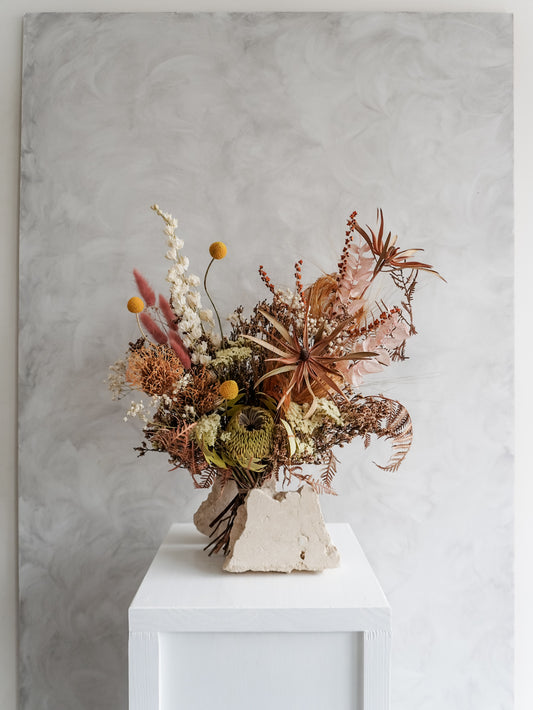 Dried flower bouquet warm sunshine tones in a rustic boho style – Luxe Size Distant View.