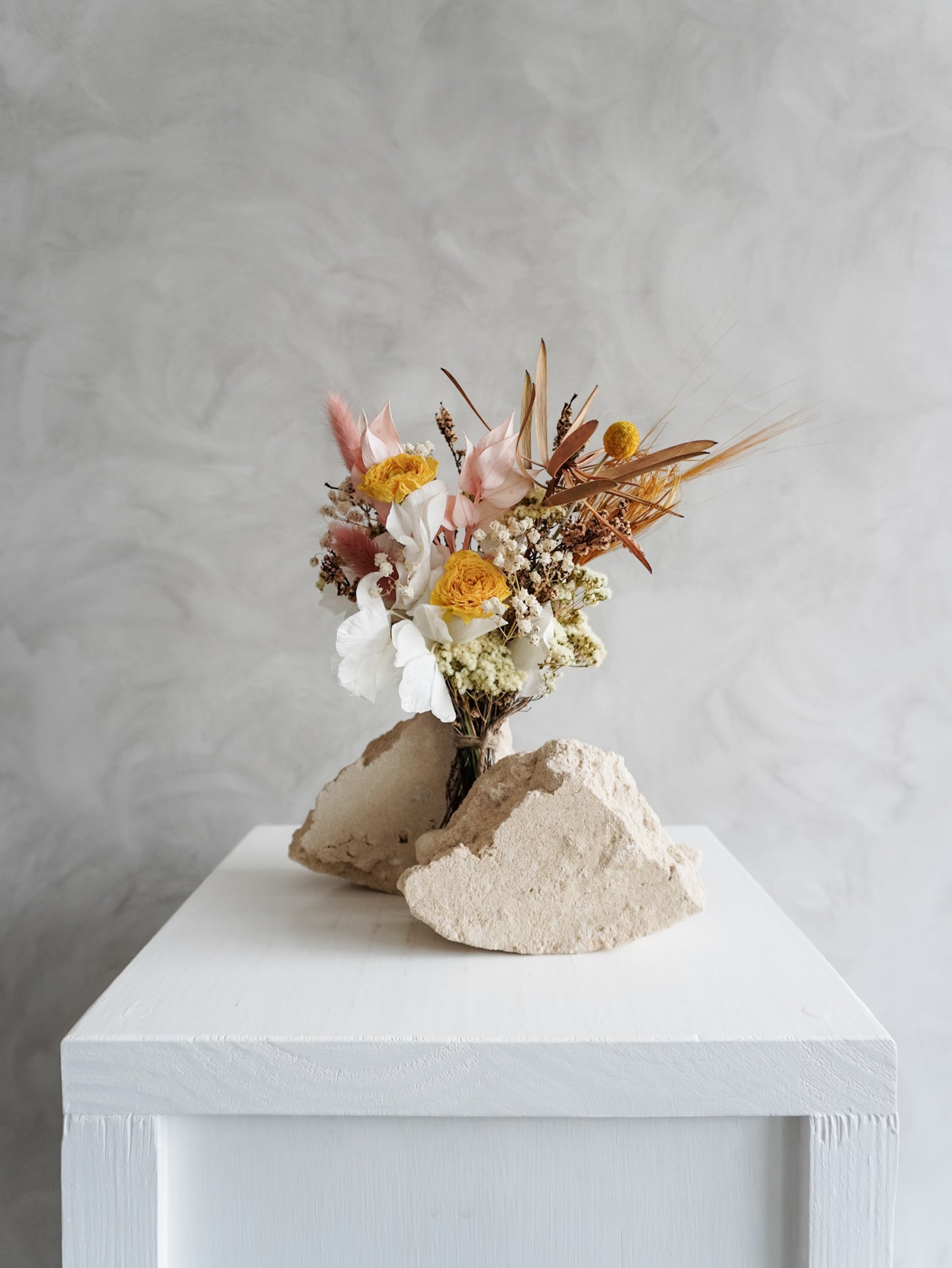 Dried flower bouquet warm sunshine tones in a rustic boho style – Posy Size Distant View.
