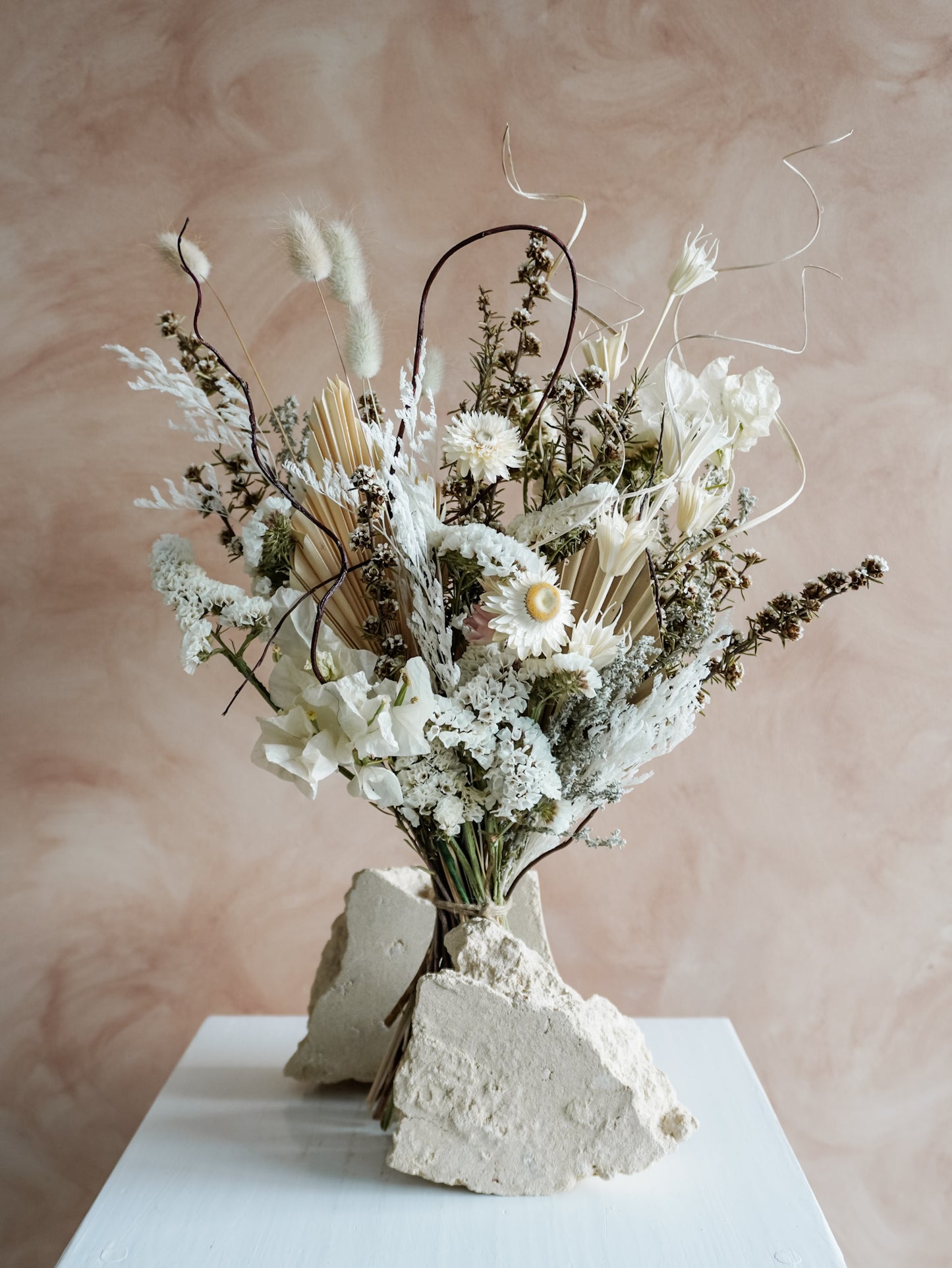 Dried flower bouquet in classic neutral white tones with boho styling – Classic Size Close View.