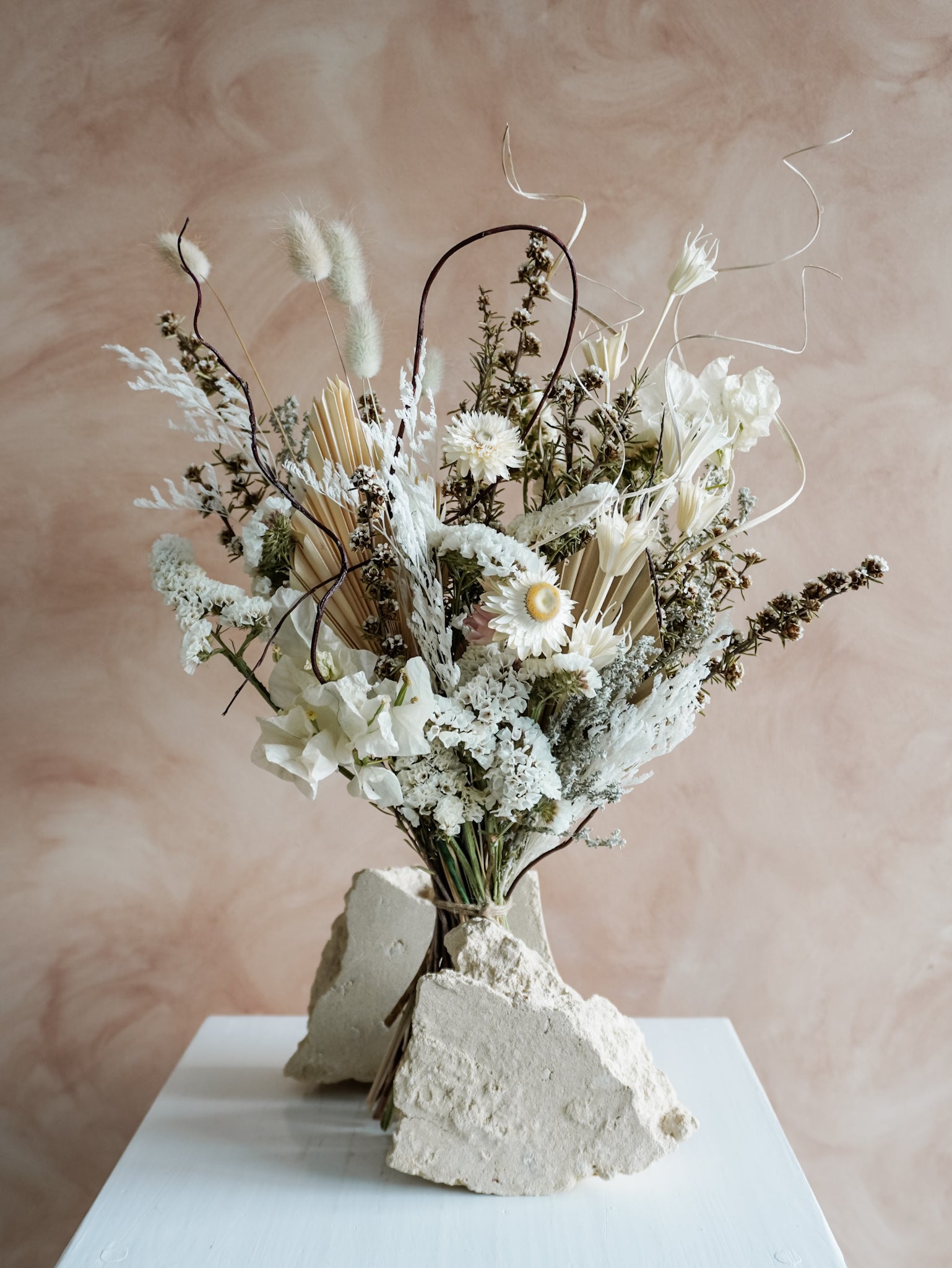 Dried flower bouquet in classic neutral white tones with boho styling – Classic Size Close View.