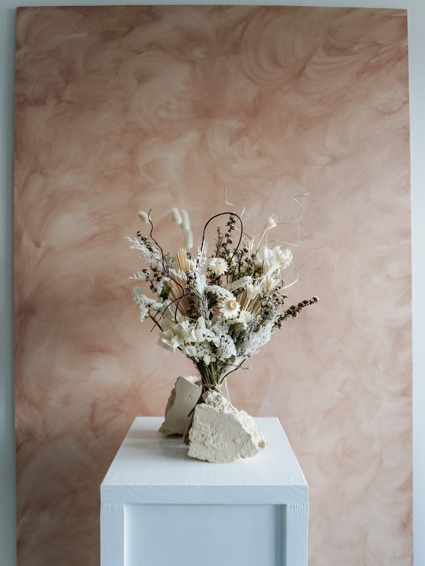 Dried flower bouquet in classic neutral white tones with boho styling – Classic Size Distant View.