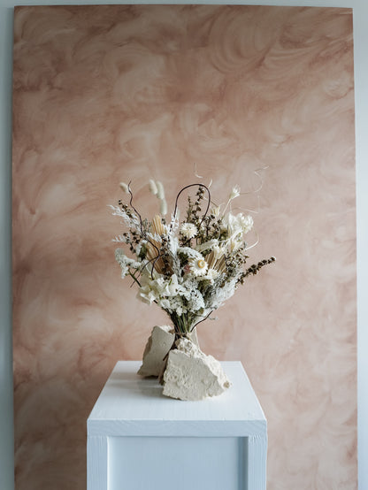 Dried flower bouquet in classic neutral white tones with boho styling – Classic Size Distant View.