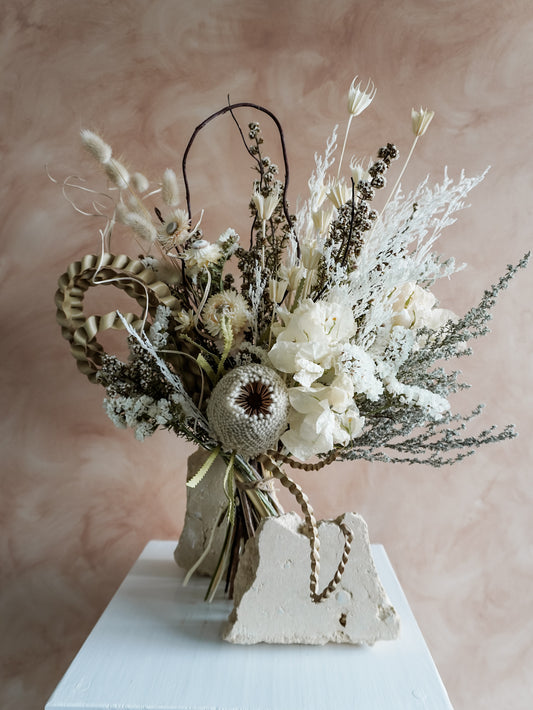 Dried flower bouquet in classic neutral white tones with boho styling – Luxe Size Close View.