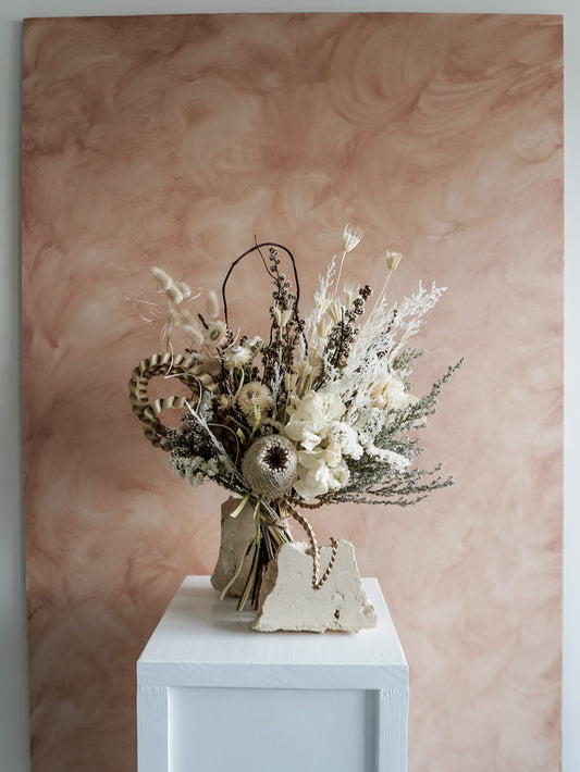 Dried flower bouquet in classic neutral white tones with boho styling – Luxe Size Distant View.