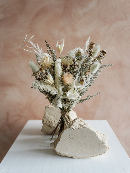Dried flower bouquet in classic neutral white tones with boho styling – Posy Size Close View.