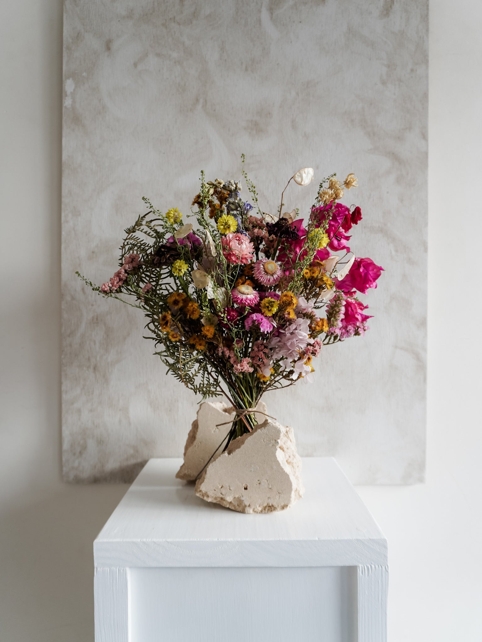 Dried flower meadow bouquet bright and colourful featuring spring flowers – Classic Size Distant View.