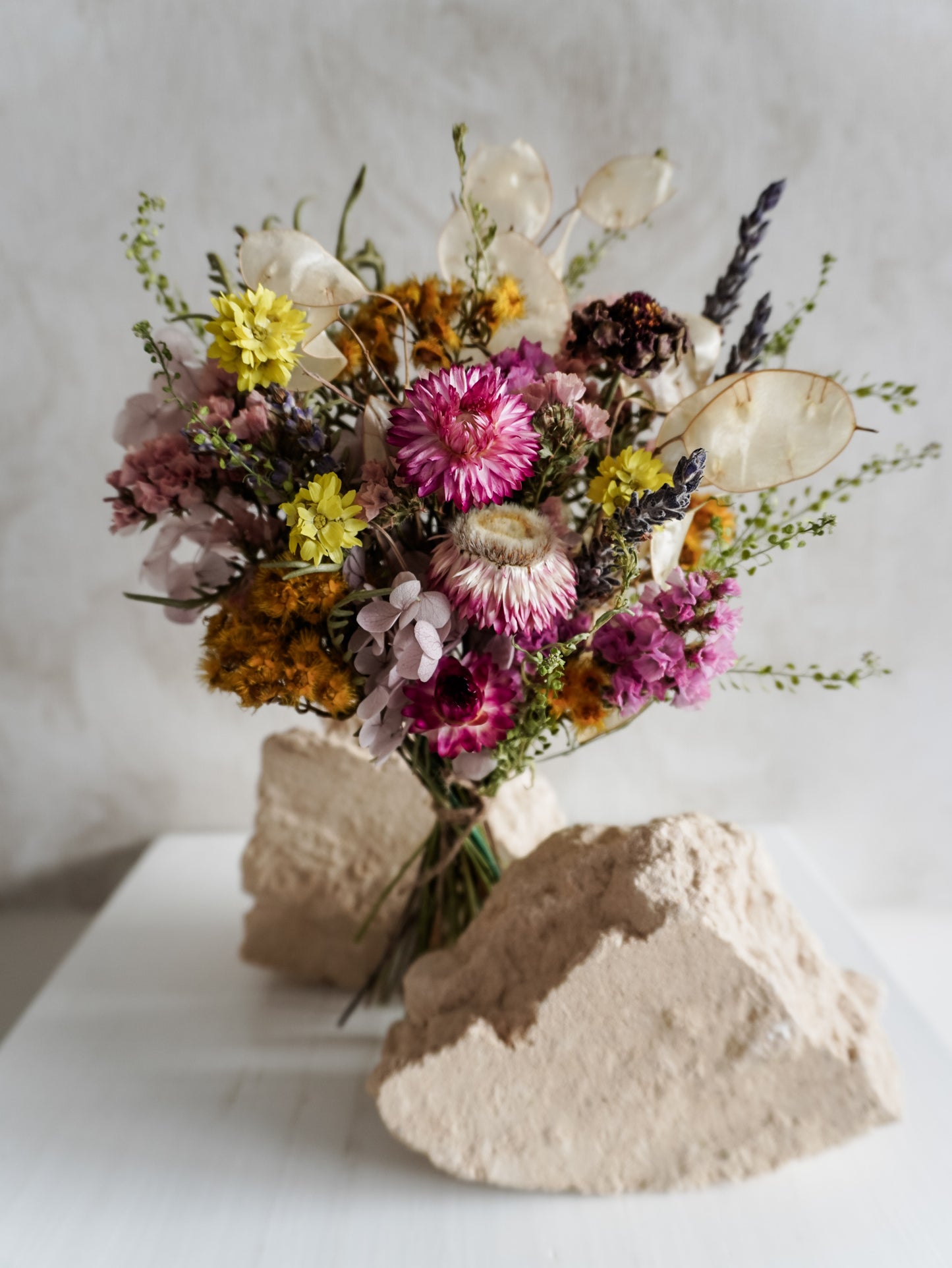 Dried flower meadow bouquet bright and colourful featuring spring flowers – Posy Size Close View.