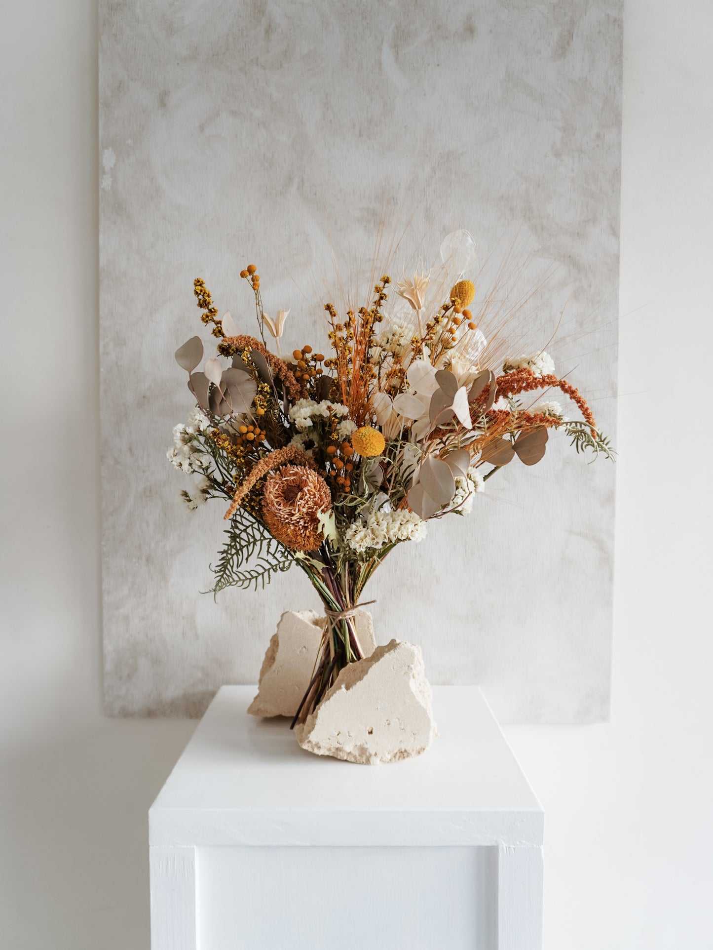 Dried flower bouquet warm sunshine tones in a rustic boho style – Classic Size Distant View.