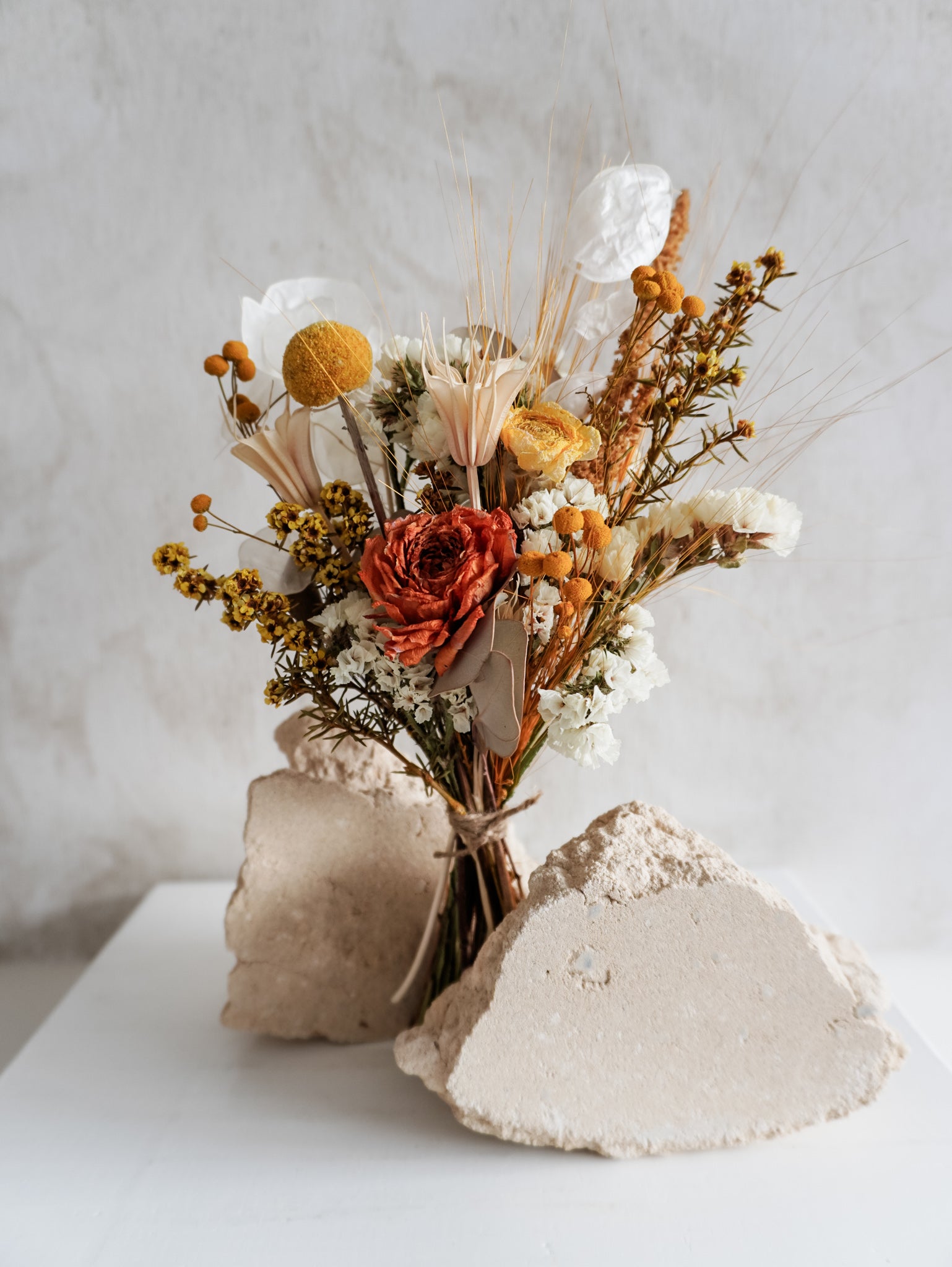 Dried flower bouquet warm sunshine tones in a rustic boho style – Posy Size Close View.