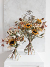 Load image into Gallery viewer, Dried flower bouquet in warm tones featuring seasonal summer flowers – Classic &amp; Posy Size Side by Side.
