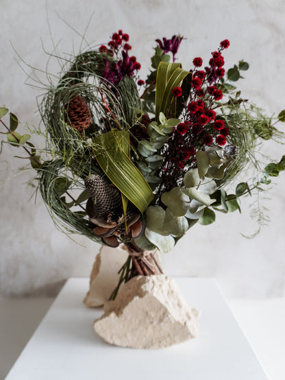 Dried flower bouquet in Christmas red and green featuring Australian native florals – Classic Size Close View.