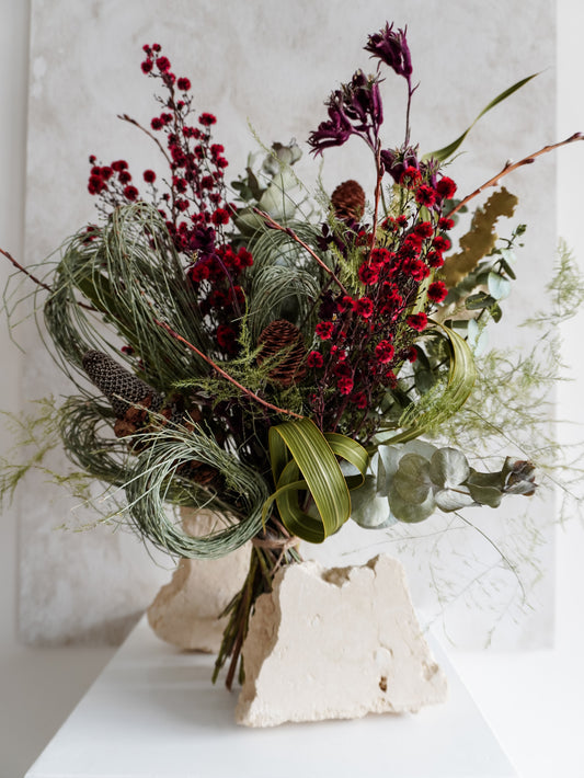 Dried flower bouquet in Christmas red and green featuring Australian native florals – Luxe Size Close View.
