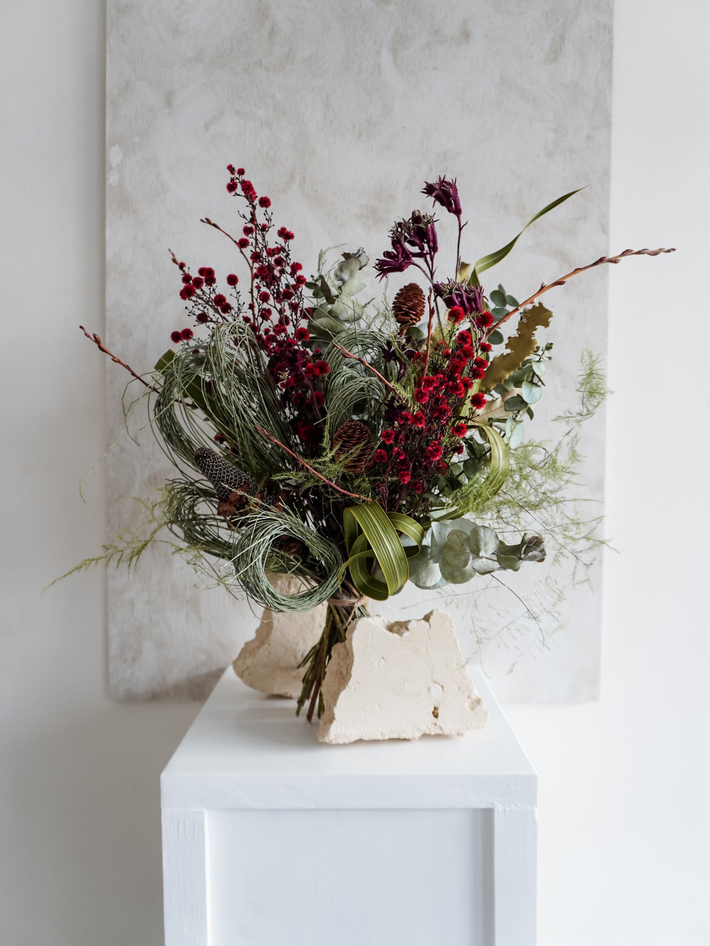 Dried flower bouquet in Christmas red and green featuring Australian native florals – Luxe Size Distant View.