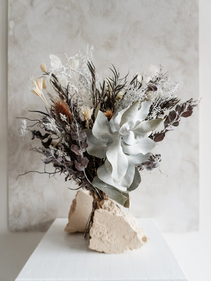 Dried flower bouquet in classic silver tones with statement foliage – Classic Size Close View.
