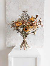 Load image into Gallery viewer, Dried flower bouquet in warm tones featuring seasonal summer flowers – Classic Size Distant View.
