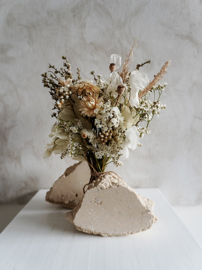 Dried flower bouquet in classic neutral white tones with boho styling – Posy Size Distant View.