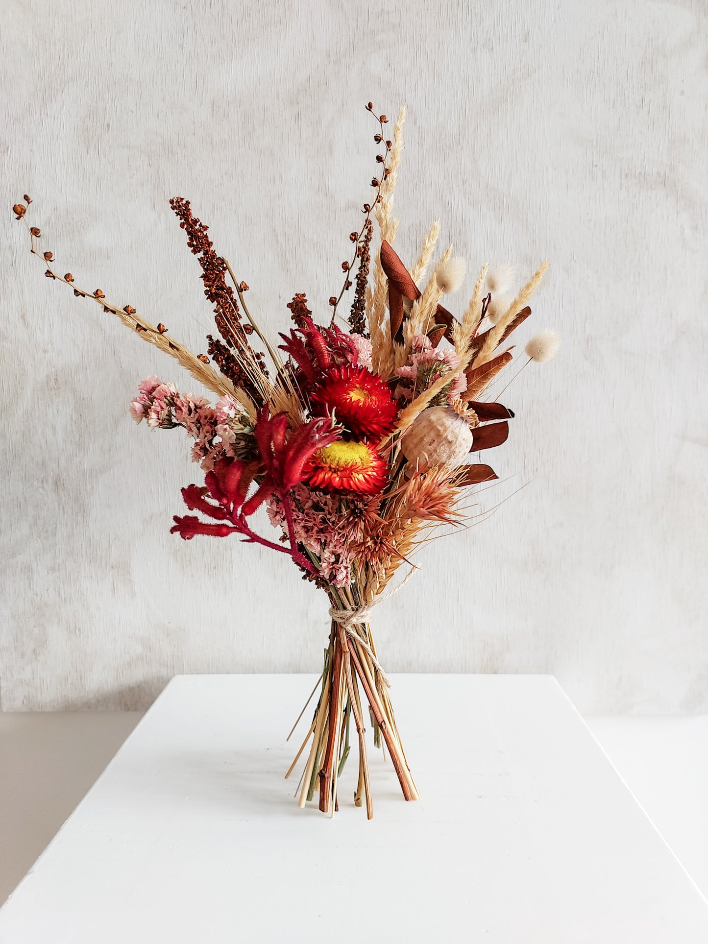 Dried flower bouquet autumnal tones in a rustic boho style – Posy Size Distant View.