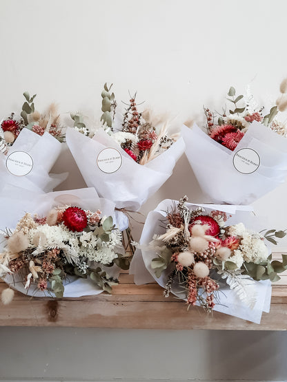 Dried flower posies in pink and natural tones - bridesmaid proposal gift.