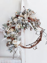 Load image into Gallery viewer, Dried flower wreath in natural tones on a grapevine base – close full view.
